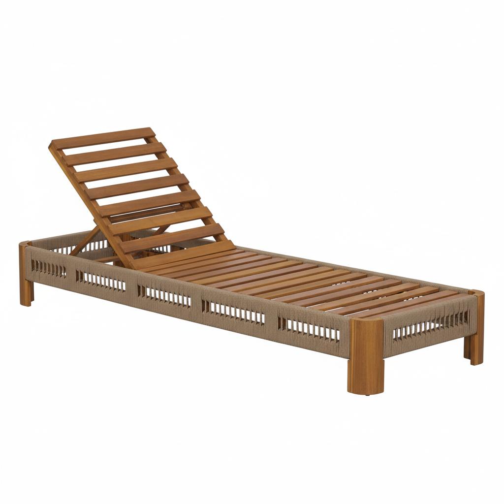 Acacia Wood Outdoor Chaise Lounge with Adjustable Backrest, Handwoven Rope Accents, Weather-Resistant Patio Recliner for Poolside, Backyard & Deck, Natural Wood Finish image 2