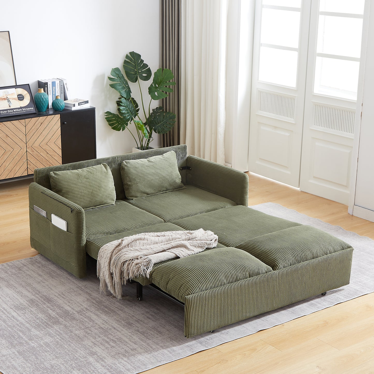 MH'' 64.5 Inch Sleeper Sofa Bed 3-in-1 Adjustable Sleeper with Pullout Bed 2 Pillows and Side Pockets Soft Corduroy Convertible Sleeper Sofa Bed for Living Room Bedroom Apartment Office image 4