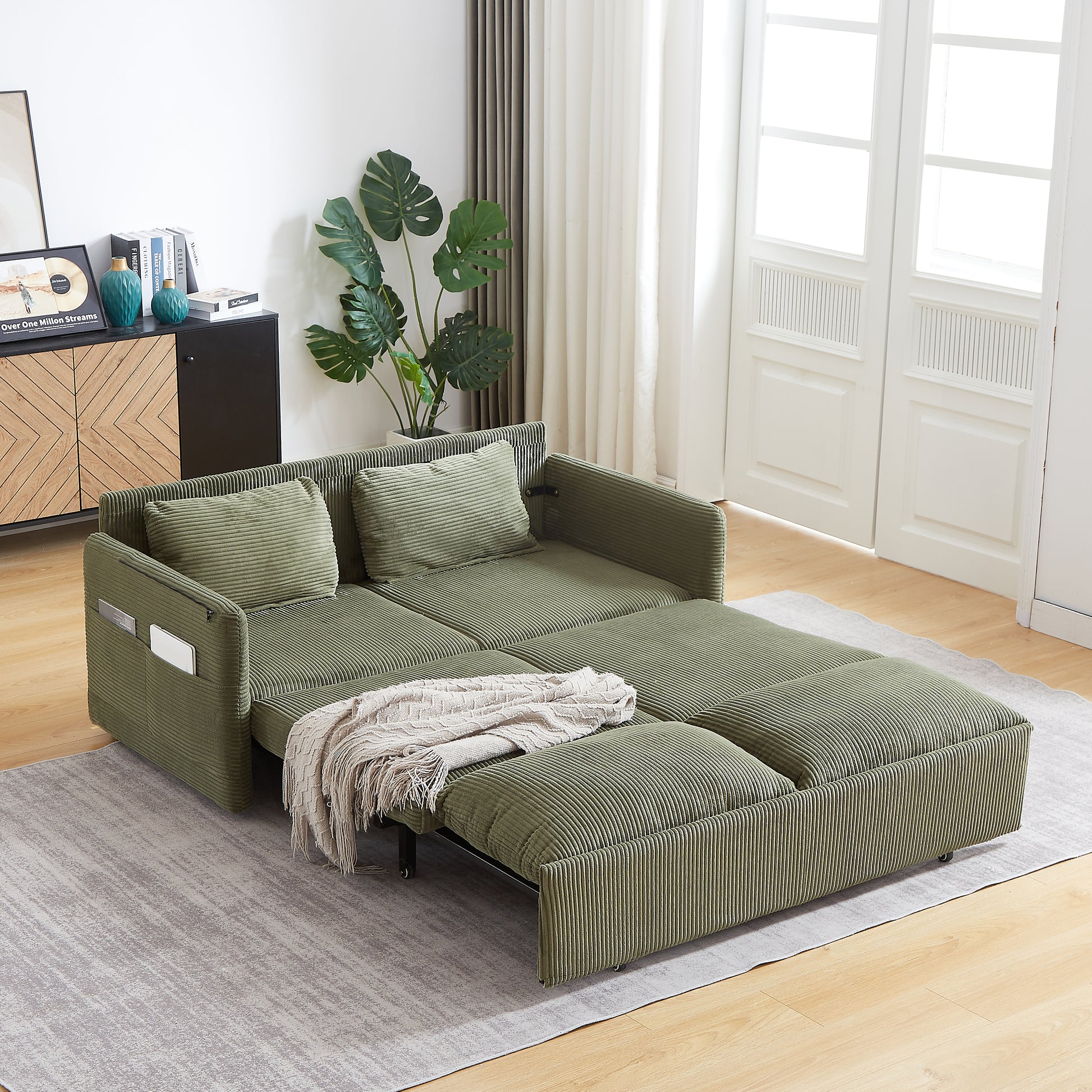 MH'' 64.5 Inch Sleeper Sofa Bed 3-in-1 Adjustable Sleeper with Pullout Bed 2 Pillows and Side Pockets Soft Corduroy Convertible Sleeper Sofa Bed for Living Room Bedroom Apartment Office image 4