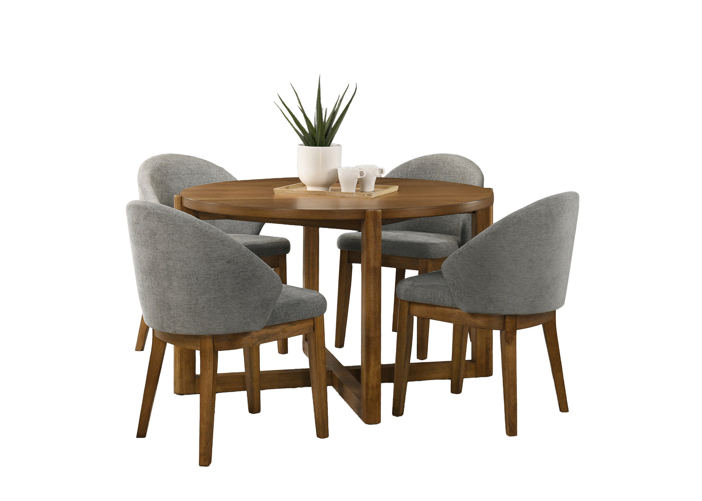 Andreo 5-Piece Round Dining Set with 47-inch Walnut Finish Table and 4 Light Gray Fabric Chairs, Mid-Century Modern Dining Table Set for 4 image 2
