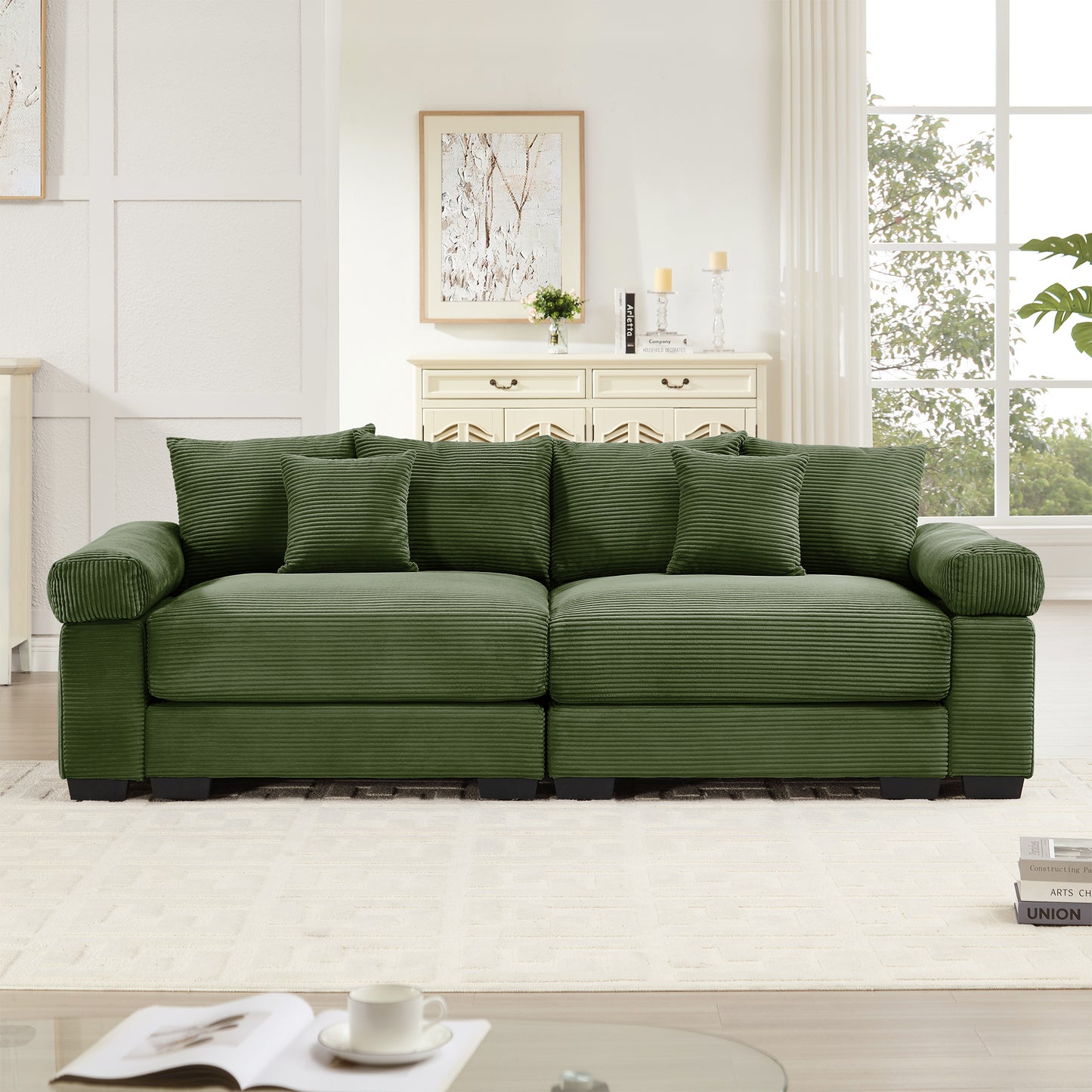 92" Oversized Cloud Modular Sectional Couch,Corduroy Fabric Extra-Wide Armrests Throw Pillows Ergonomic Design High Resilience Cushion Easy Assembly,For Living Rooms Bedrooms,Green image 3