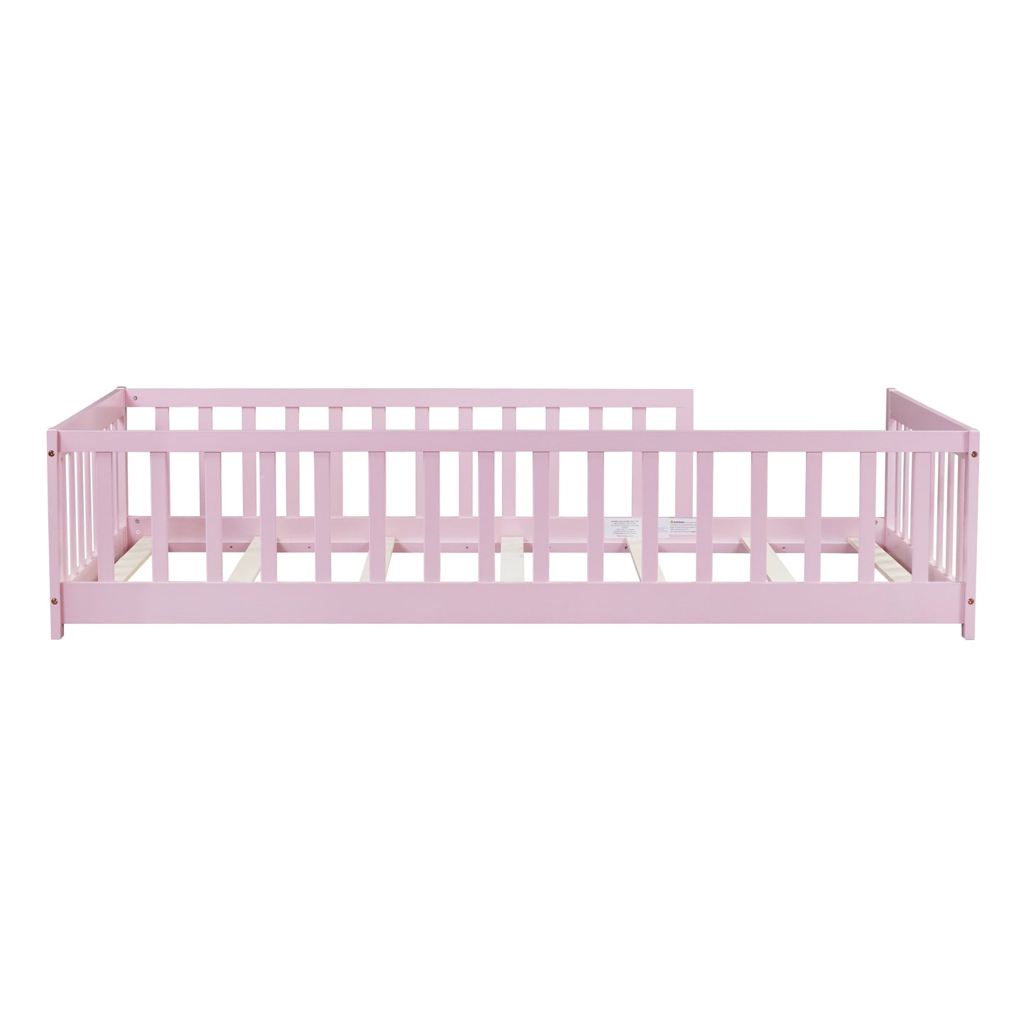 Twin Size Floor Bed with Fence without Door, Rubber Wood Floor Bed with Safety Guardrails,Pink (Old Sku W504P296798) image 11