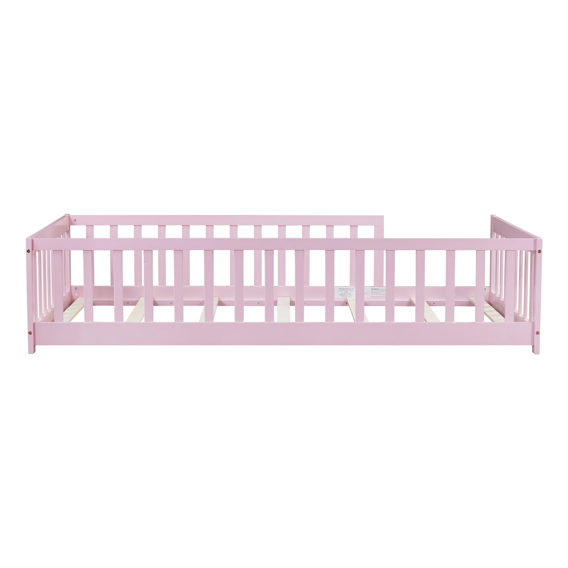 Twin Size Floor Bed with Fence without Door, Rubber Wood Floor Bed with Safety Guardrails,Pink (Old Sku W504P296798) image 11