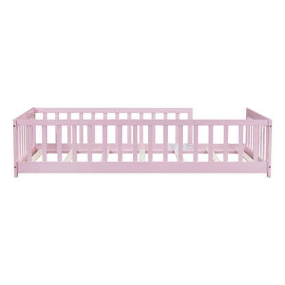 Twin Size Floor Bed with Fence without Door, Rubber Wood Floor Bed with Safety Guardrails,Pink (Old Sku W504P296798) image 11