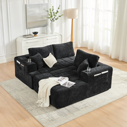 108" L-Shaped Chenille Sectional Sofa, Cloud Style Boneless Sofa with Chaise, Modern Upholstered Couch with Cup Holders & Side Pockets, Compression Sofa for Living Room, No Assembly Required, Black image 5