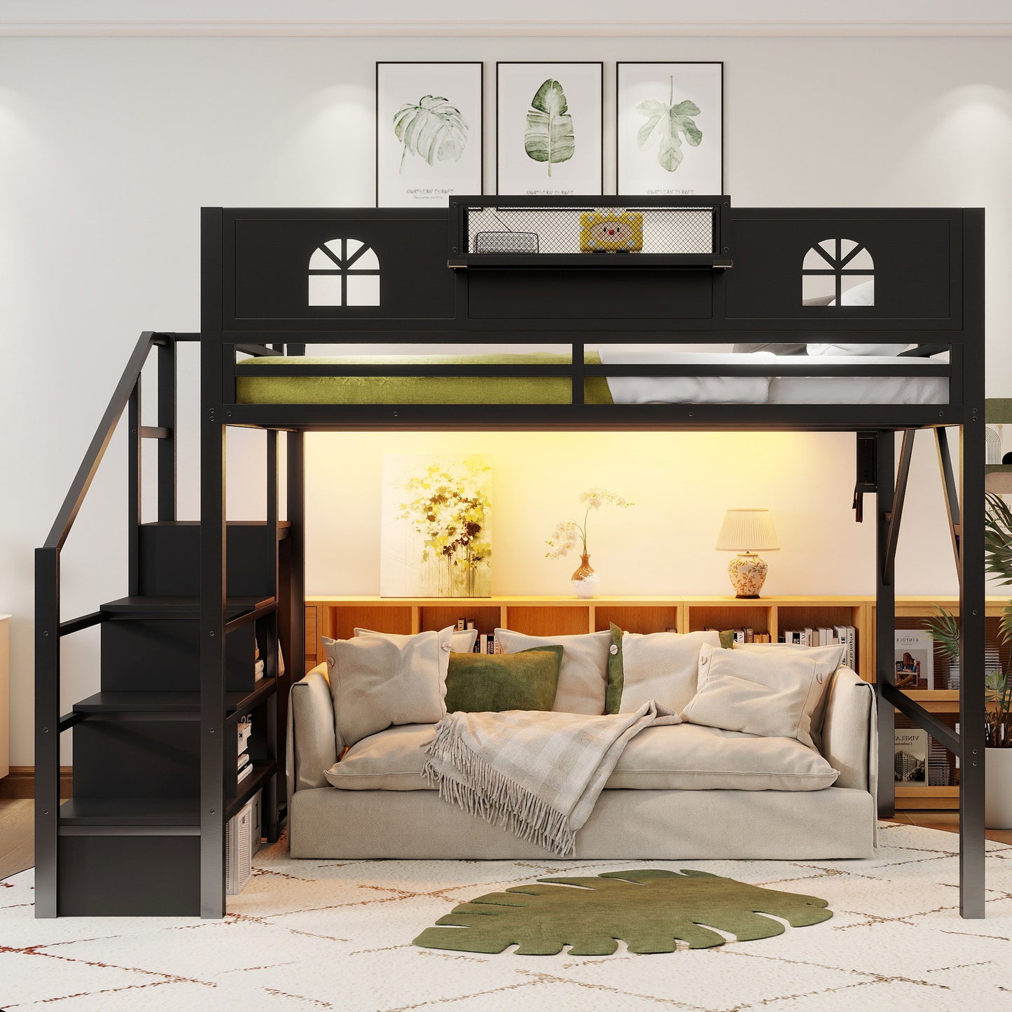 Queen Size Loft Bed with Stairs, Metal Queen Loft Bed with High and House Shaped Guardrails, High Loft Bed with Wardrobe for Kids Teens, black (Expect Arrival Date2026/3/17) image 4