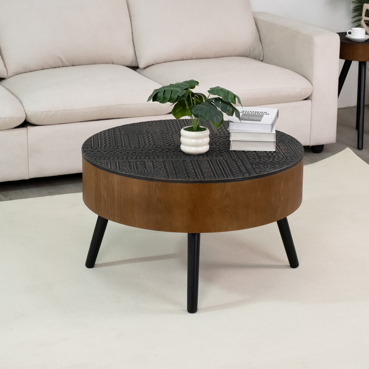 31.5-inch Round Carved Coffee Table with Storage Space, Mid-Century Modern Style Wooden Coffee Table, Four-Leg Design, 18-inch High, Living Room Accent Table (Brown and Black) image 9