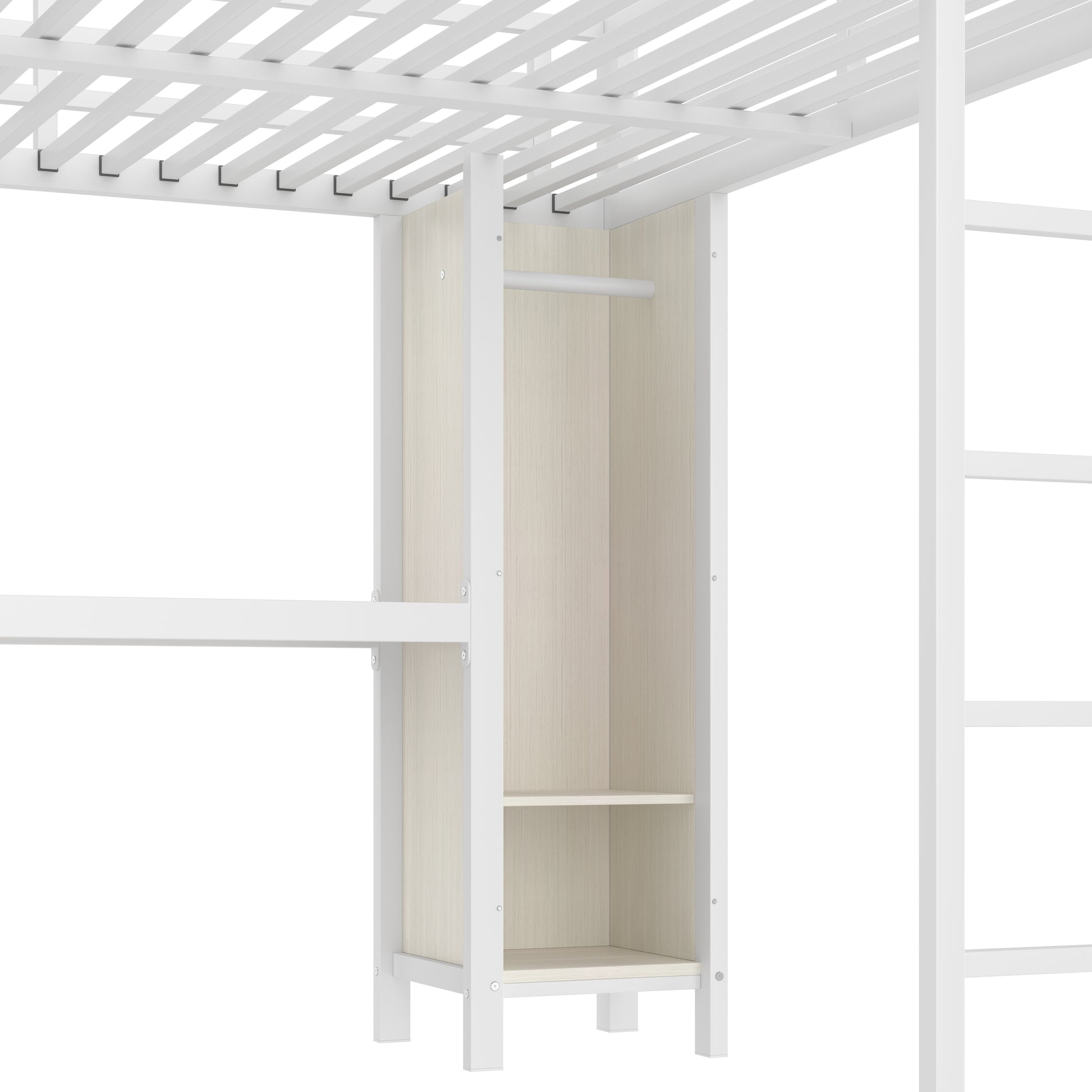Metal Loft Bed with Wardrobe And L-shaped Desk, Queen Size Loft Bed with Storage Cubes and Shelves, Heavy Duty Loft Bed for Kids Teens Adults, White Wood-grain image 8