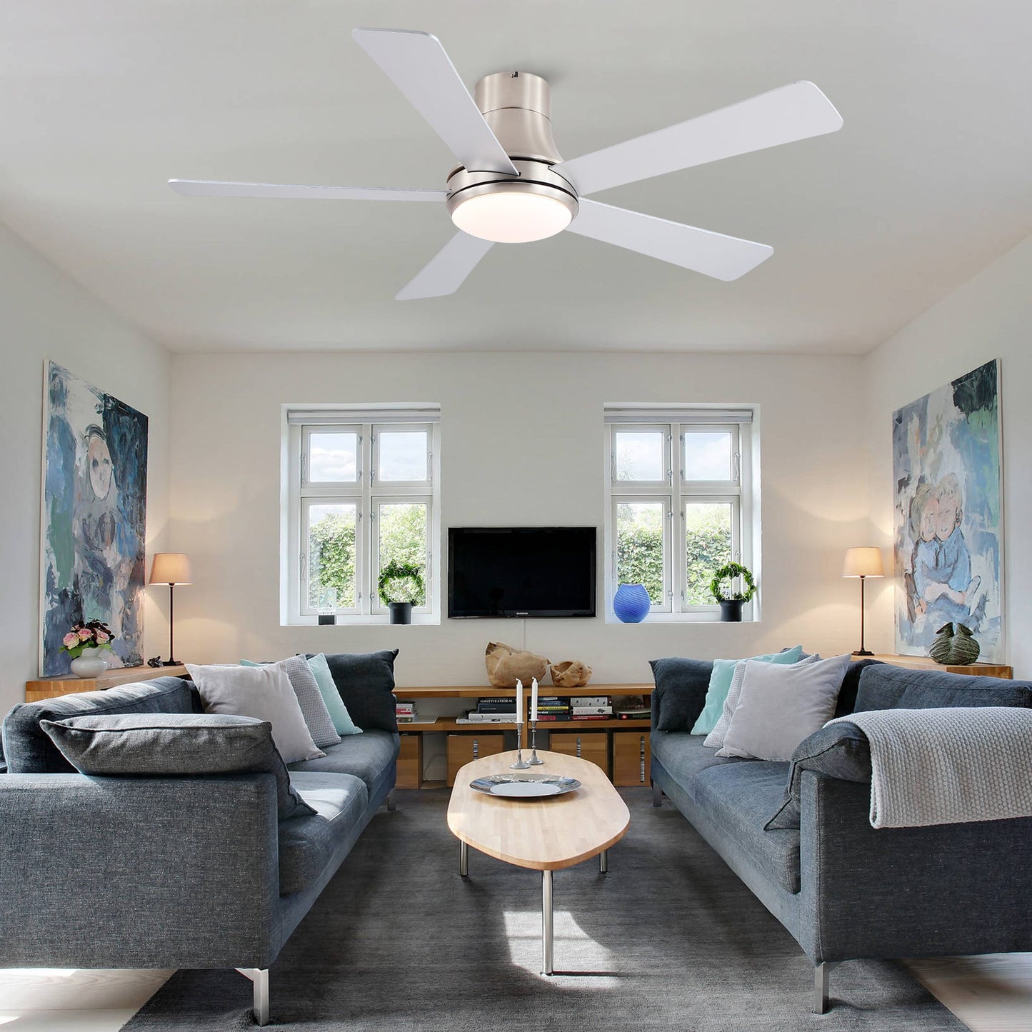 52 in. Farmhouse Brushed Nickel Integrated LED Smart Ceiling Fan with DC Remote Control for Bedroom, Living Room image 2