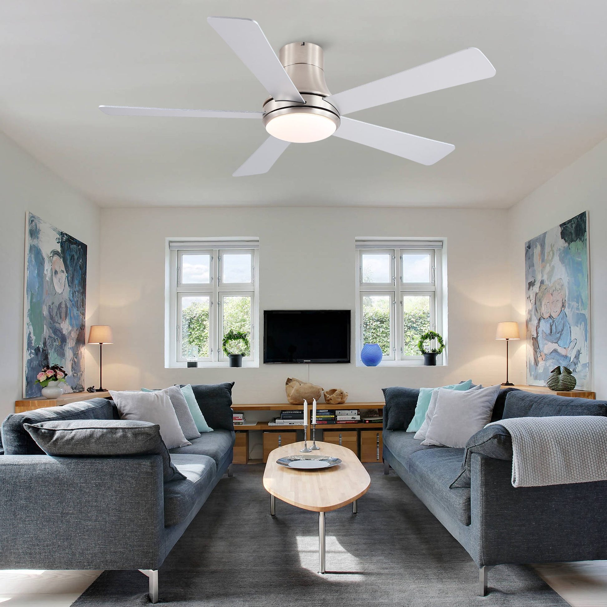 52 in. Farmhouse Brushed Nickel Integrated LED Smart Ceiling Fan with DC Remote Control for Bedroom, Living Room image 2