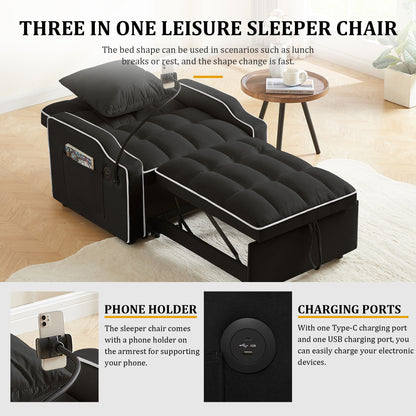 Sleeper Sofa Chair Bed, 3 In 1 Convertible Sofa Chair With With Adjustable Backrest & Phone Holder & USB, Type-C, Adjustable Recliner, Armchair For Living Room Bedroom Apartment Small Space, Black image 8
