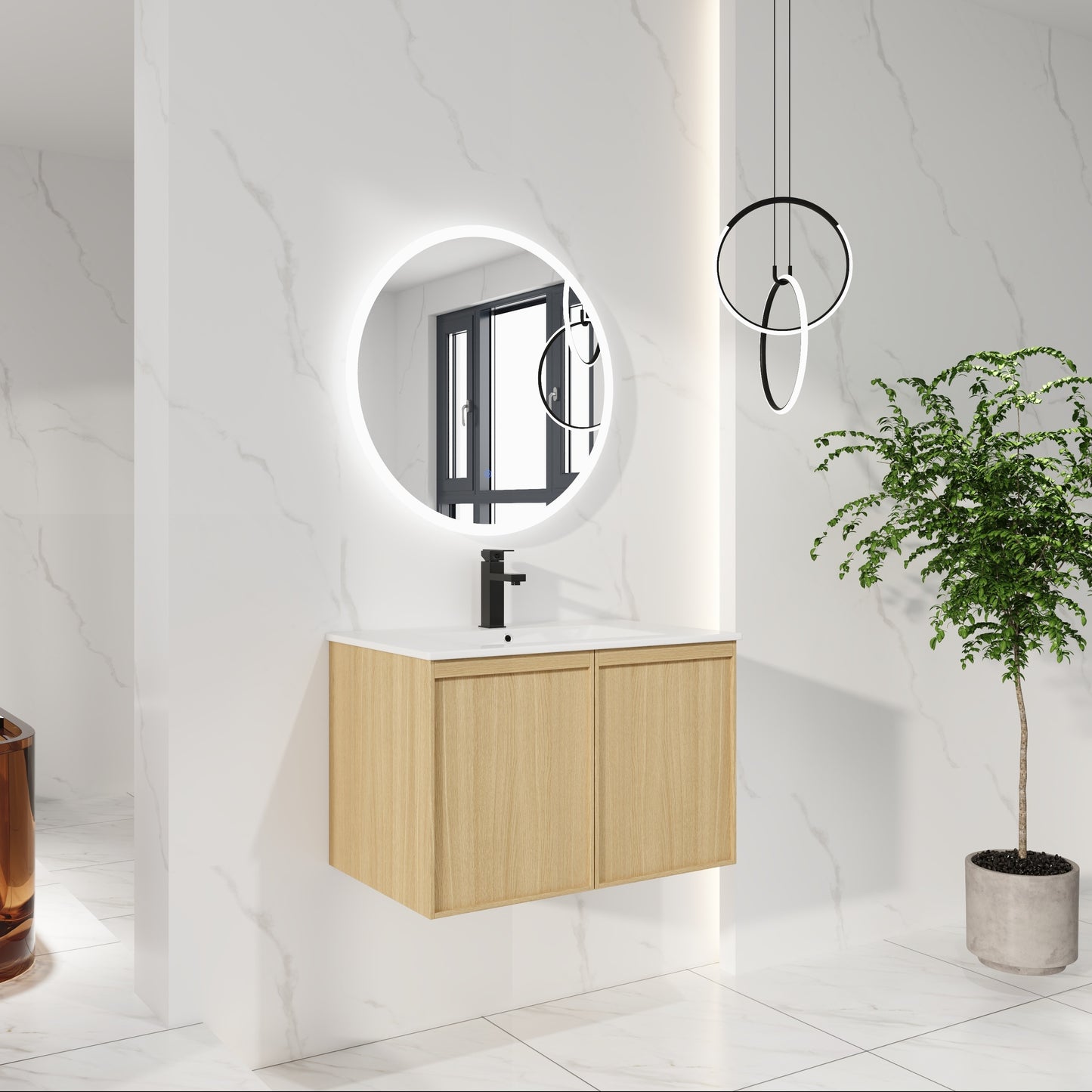 30" Floating Bathroom Vanity with Sink, Wall-Mounted Modern Light Oak Cabinet, Thin Edge Ceramic Basin, Soft-Close Doors, Spacious Storage, Easy Installation image 2