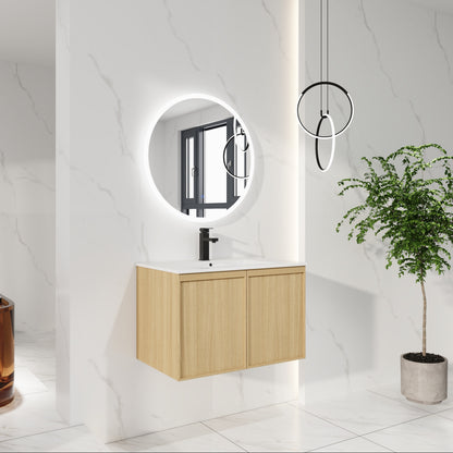 30" Floating Bathroom Vanity with Sink, Wall-Mounted Modern Light Oak Cabinet, Thin Edge Ceramic Basin, Soft-Close Doors, Spacious Storage, Easy Installation image 2