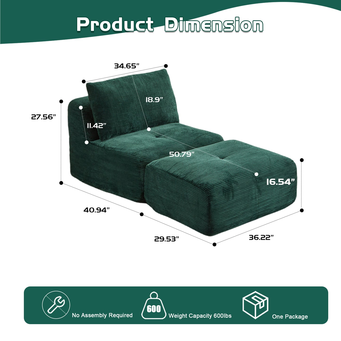 Modern Memory Foam Compressed Sofa,Single Chaise Longue for Living Room,Pet-Friendly Cloud Modular Sectional Sofa,Corduroy Fabric,Movable Ottoman,No Assembly required,Green image 3