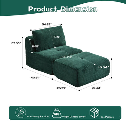 Modern Memory Foam Compressed Sofa,Single Chaise Longue for Living Room,Pet-Friendly Cloud Modular Sectional Sofa,Corduroy Fabric,Movable Ottoman,No Assembly required,Green image 3