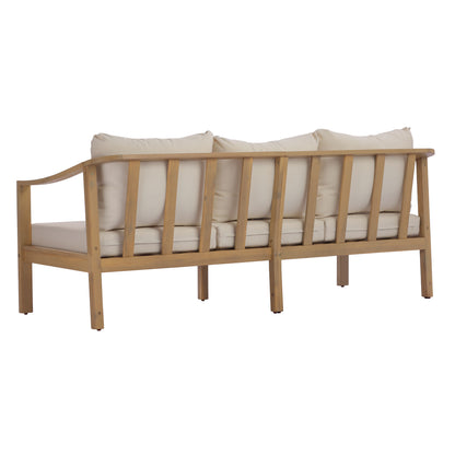 77.95" outdoor acacia wood frame, 26.38" deep seat design with soft cushion, three-seater sofa,slatted wood backrest,suitable for porches,gardens,backyards,and balconie (Light Teak+Beige Cushion) image 7