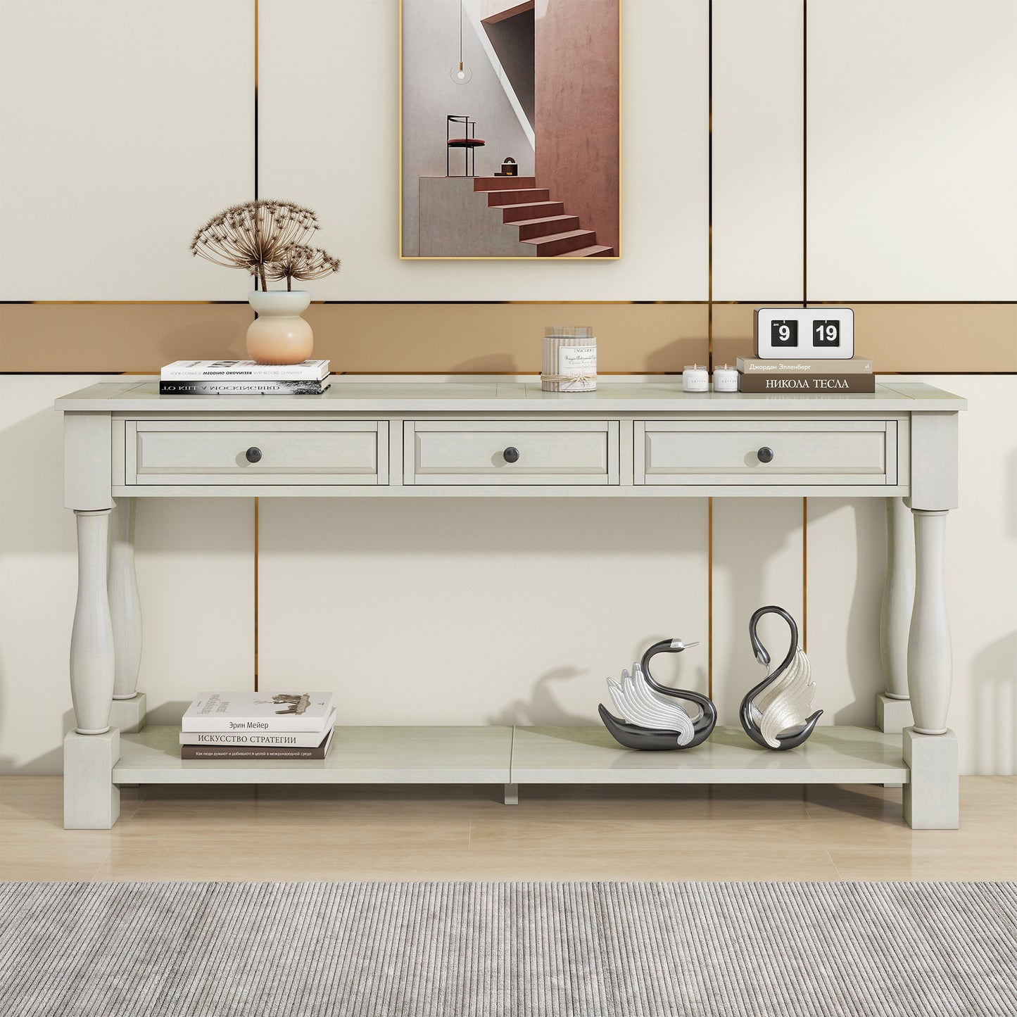 TREXM Console Table 63" Long Console Table with Drawers and Shelf for Entryway, Hallway, Living Room (Antique White, OLD SKU: WF314993AAK) image 10