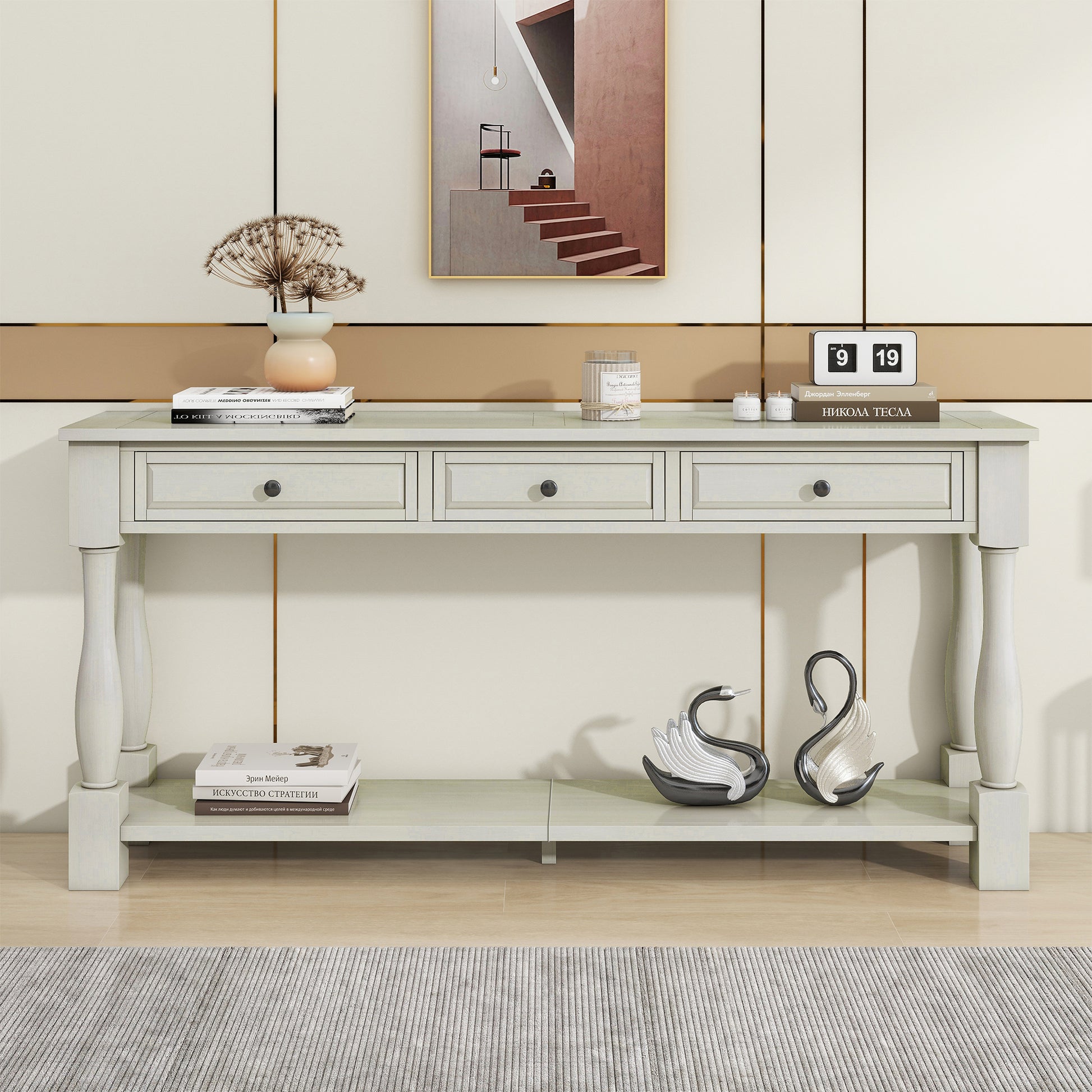 TREXM Console Table 63" Long Console Table with Drawers and Shelf for Entryway, Hallway, Living Room (Antique White, OLD SKU: WF314993AAK) image 10