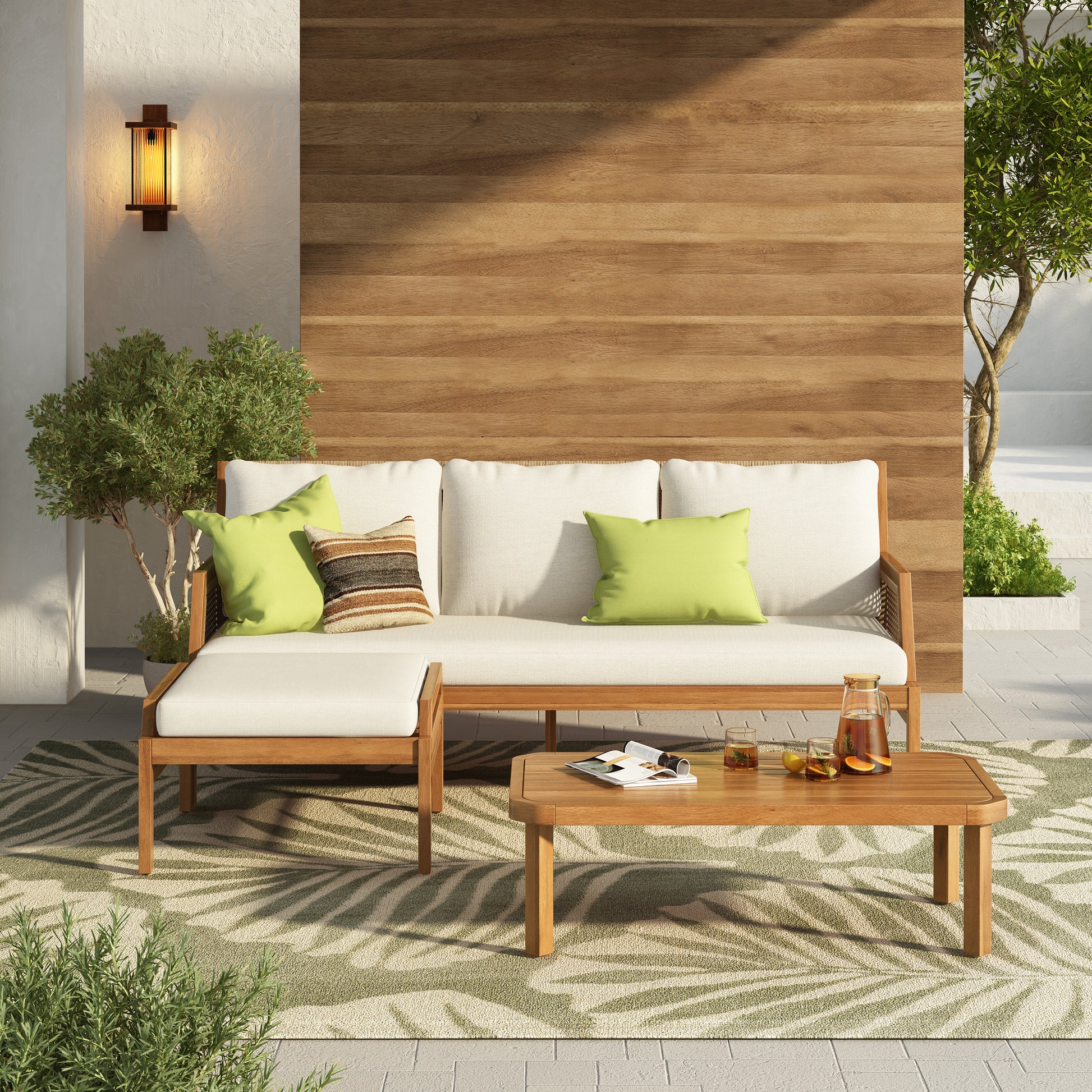 3 Piece Acacia Wood Patio Furniture Set, Outdoor Wicker Furniture Sectional Sofa Set with Coffee Table, 4 Seats Sofa Deep Seating with Soft Cushions for Garden, Backyard, Teak & Mix Brown & Cream image 1