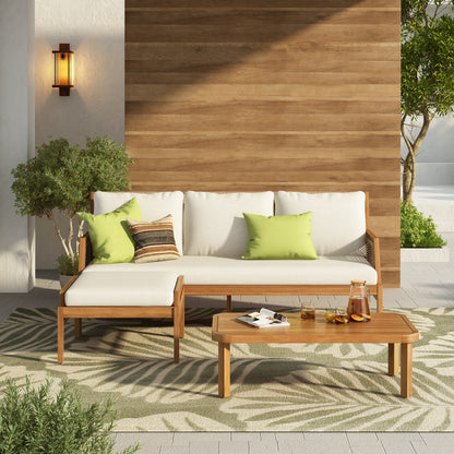 3 Piece Acacia Wood Patio Furniture Set, Outdoor Wicker Furniture Sectional Sofa Set with Coffee Table, 4 Seats Sofa Deep Seating with Soft Cushions for Garden, Backyard, Teak & Mix Brown & Cream image 1