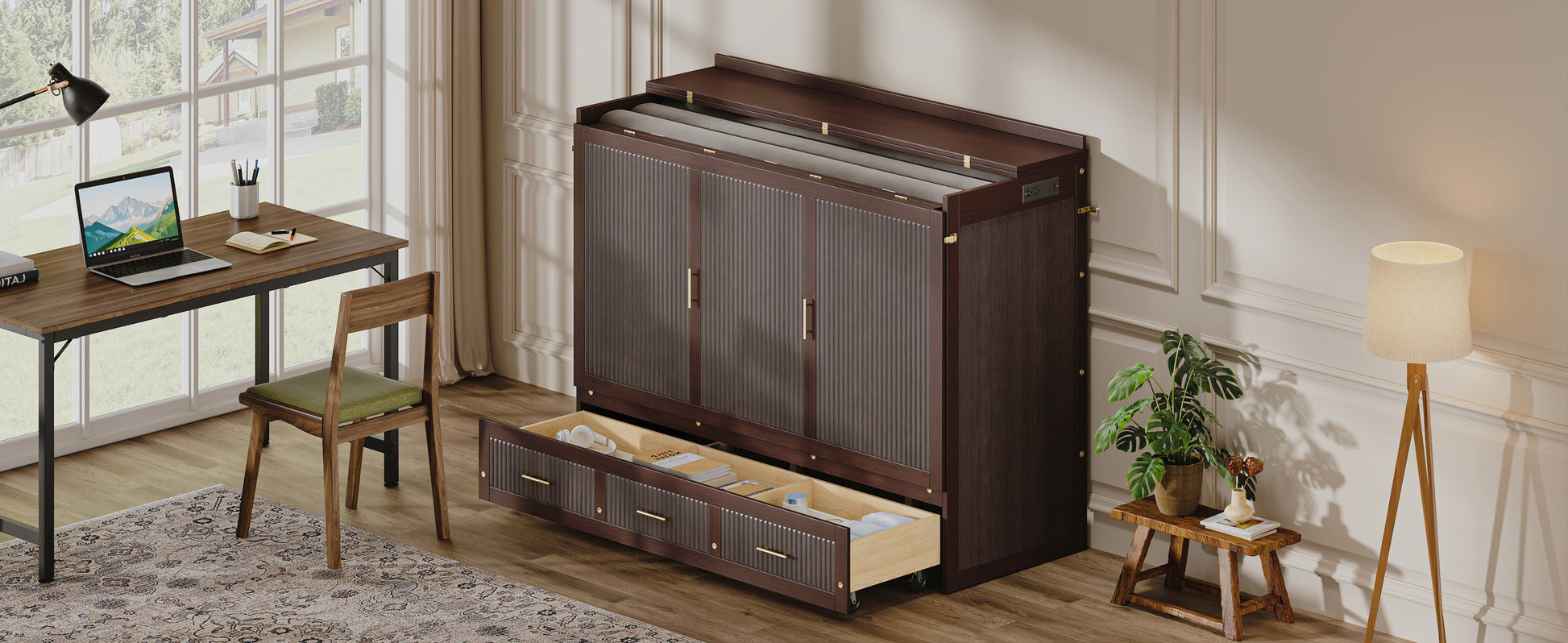Multifunctional Murphy Bed Cabinet with USB Charging Station, Queen Size Vertical Foldaway Bed with Drawers, Space Saving Hidden Wall Bed with Safety Lock & Anti-Tip Device, Coffee. image 12