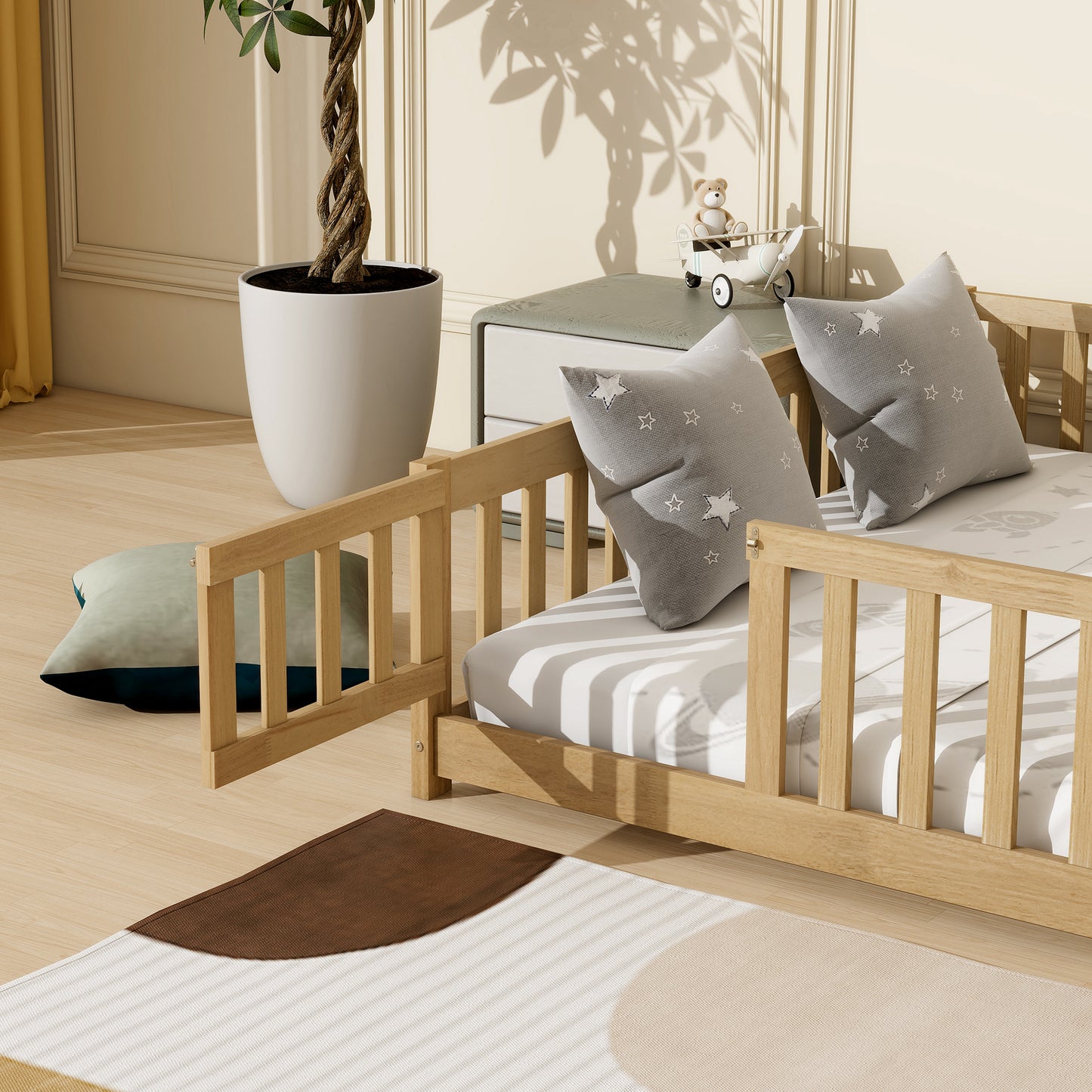 Queen Size Floor Bed with Fence,Door,Rubber Wood Floor Bed with Safety Guardrails,Natural (Old Sku W504P286389) image 4