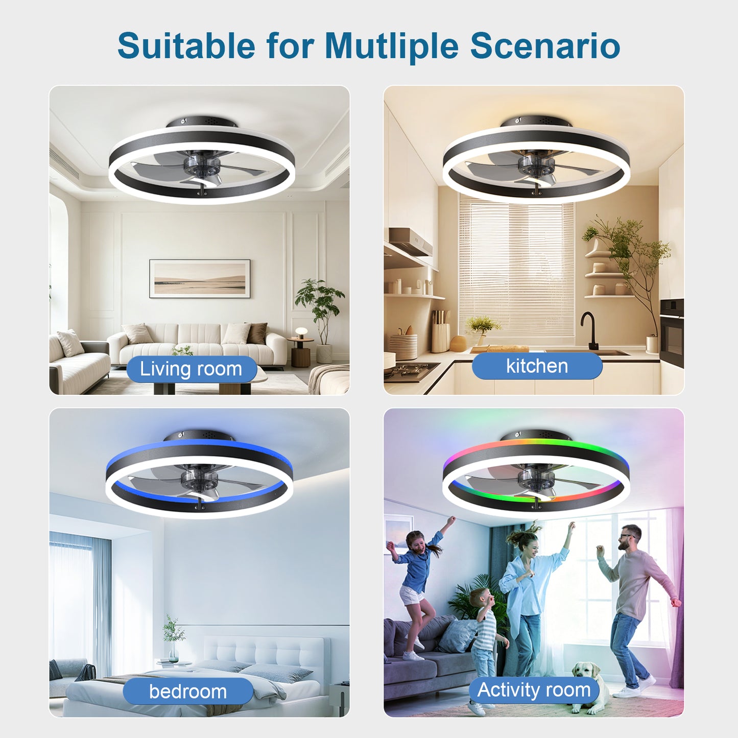 19.7" RGB Flush Mount Ceiling Fan with Light, 6-Speed Reversible Low Profile Fan with Remote & APP for Bedroom, Black image 4