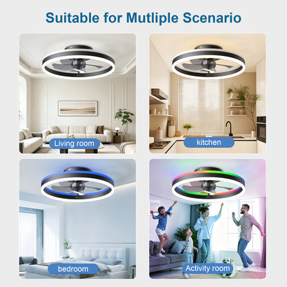 19.7" RGB Flush Mount Ceiling Fan with Light, 6-Speed Reversible Low Profile Fan with Remote & APP for Bedroom, Black image 4
