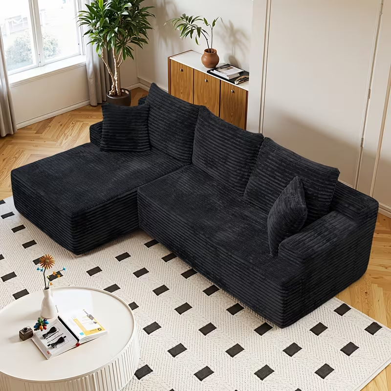 New 96"Frameless Boneless Soft Sofa,Cloud Sectional Couch With L-Shaped Chaise Black Left Corner image 1