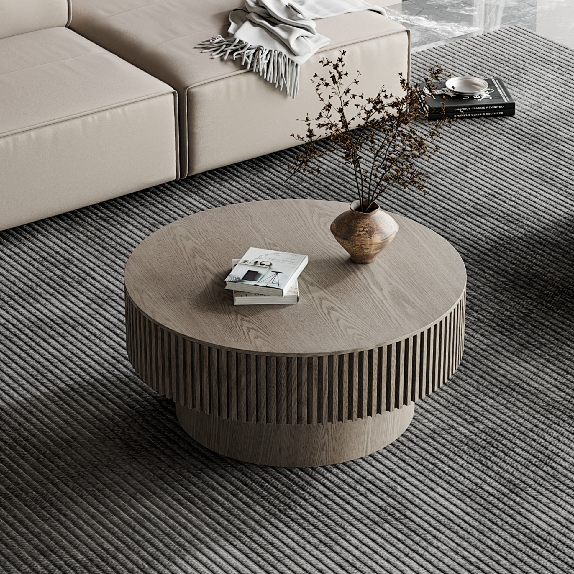 31.5'' Round Coffee Table with Storage Solid Wood Veneered Modern Coffee Table Accent Tea Table for Living Room, Bedroom, Apartment or Office, Grey image 5