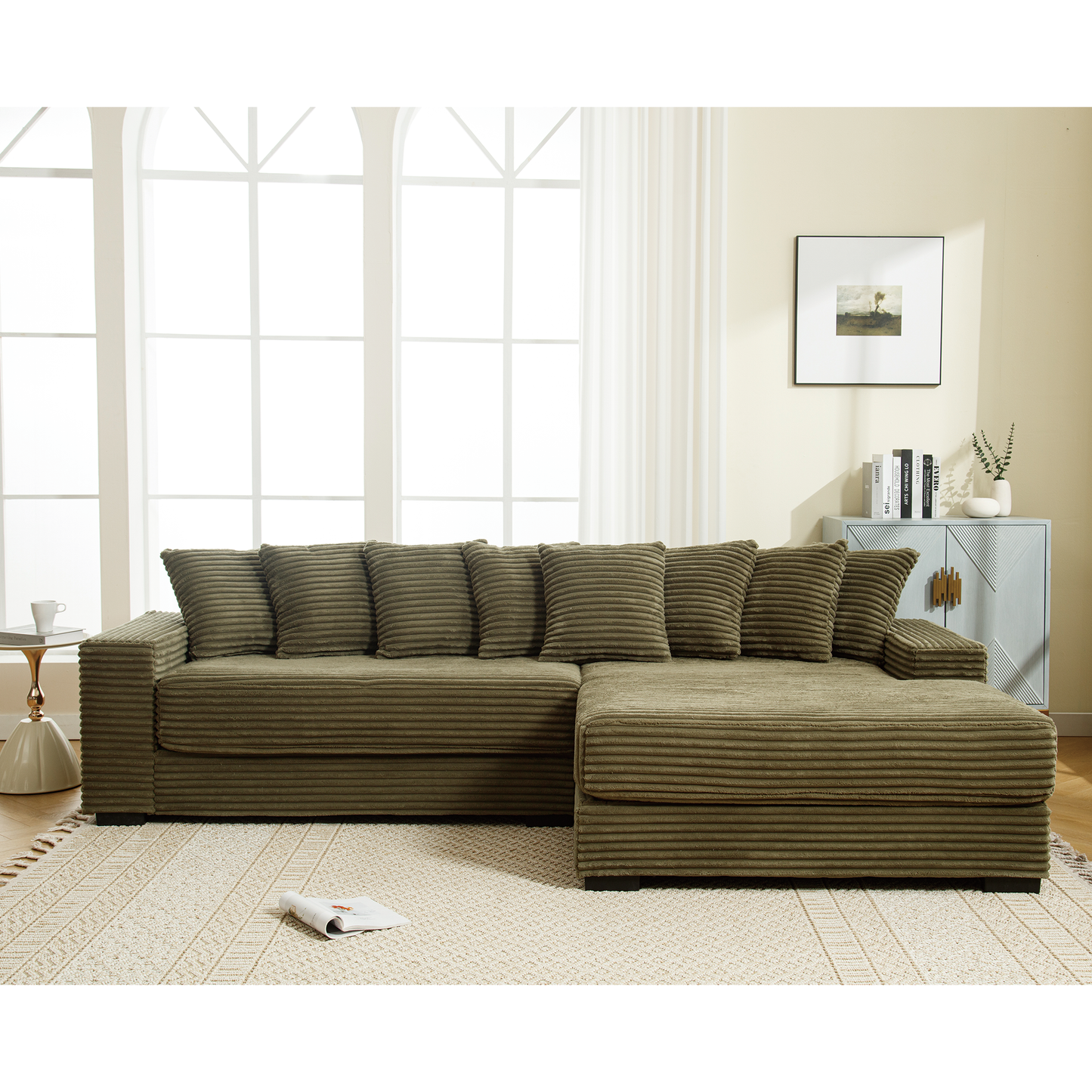 [NEW ARRIVED] [VIDEO PROVIDED] Oversized Two-Piece Couches, L Shaped Sofa, Corduroy, Right Chaise Daybed,with Armrests,Eight Throw Pillows,Corner Sofa,Easy To Assemble, Green image 12