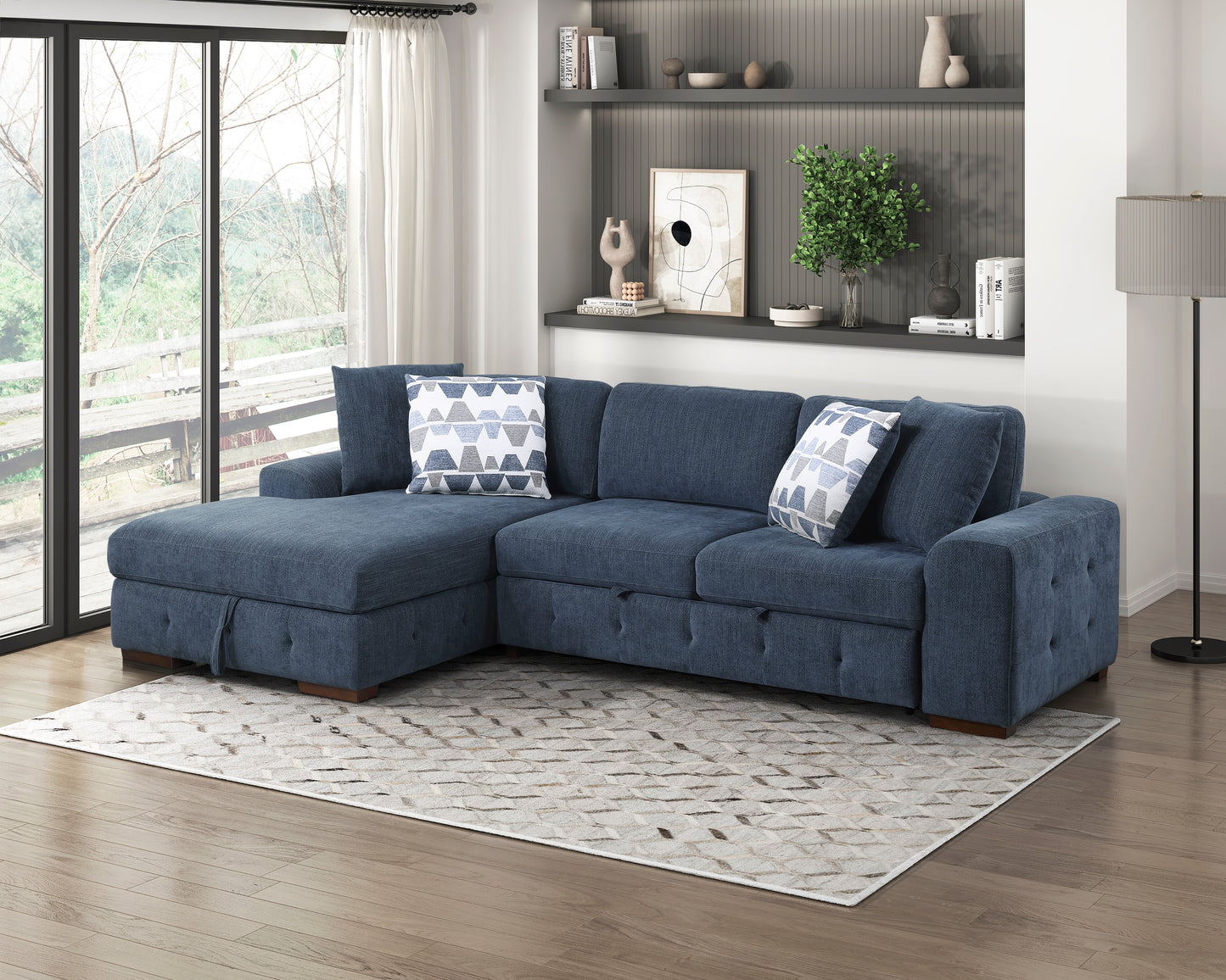 Modern Blue One Arm 2-Seater Sofa with Pull-out Bed Right Side Tufted Chenille Fabric Upholstery Solid Wood Living Room Furniture 1pc image 6