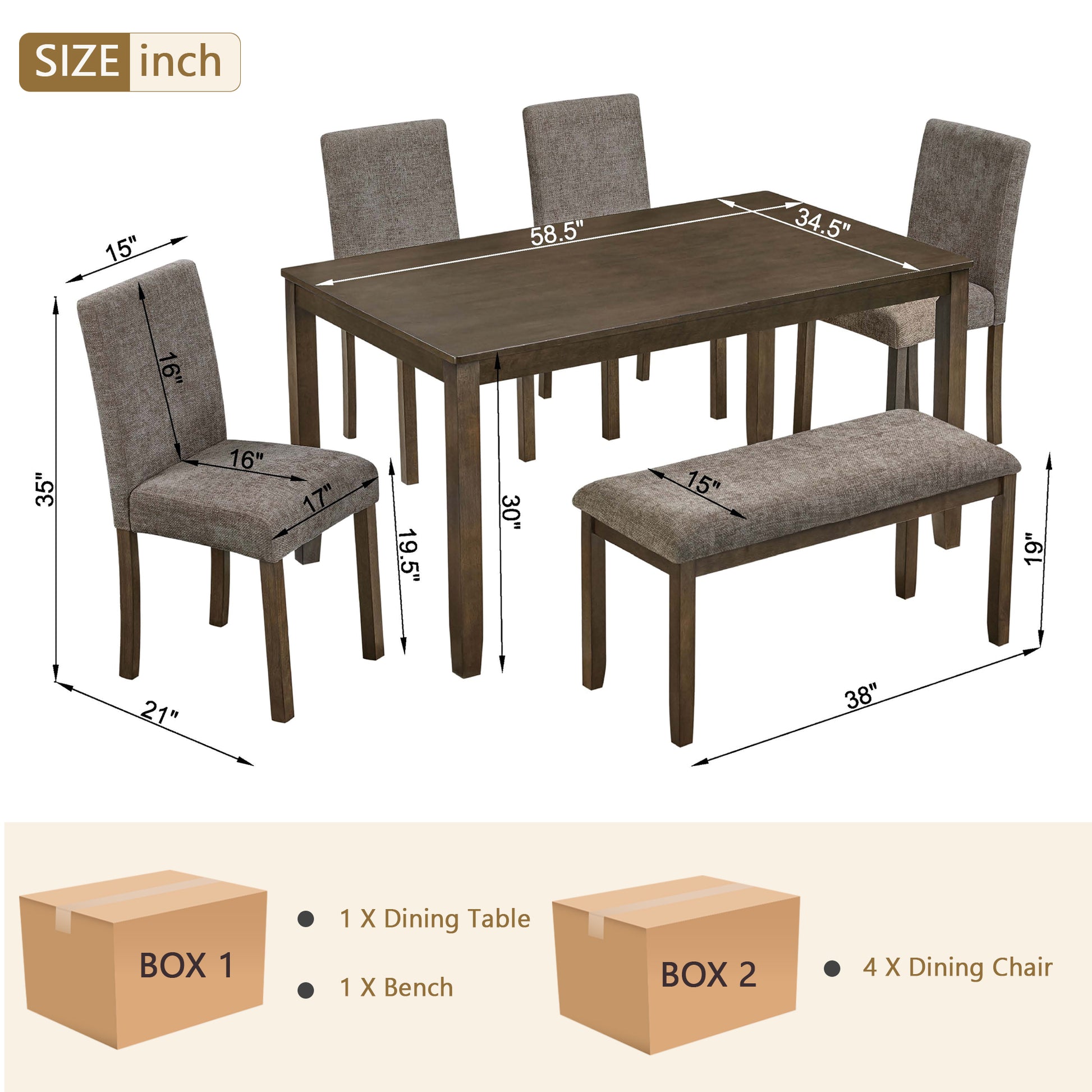 6-Piece Dining Table Set with Bench and Chairs, Wooden dining table set for 6 people, Farmhouse Rustic Style 6 Person Dining Table Set for Dining Room, Kitchen, Walnut image 8