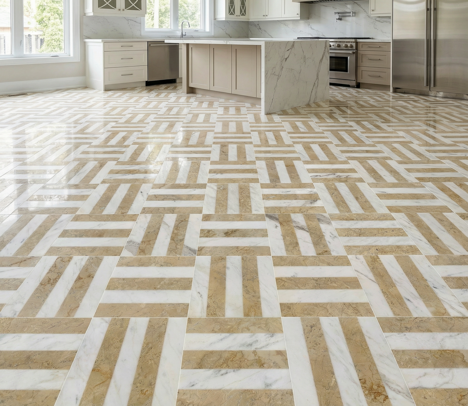 12x12 White Gold 2 color Waterjet polished marble tiles set, natural marble, for floor and wall, natural stone, genuine marble, real marble, 1 box each pattern 4 pcs image 10