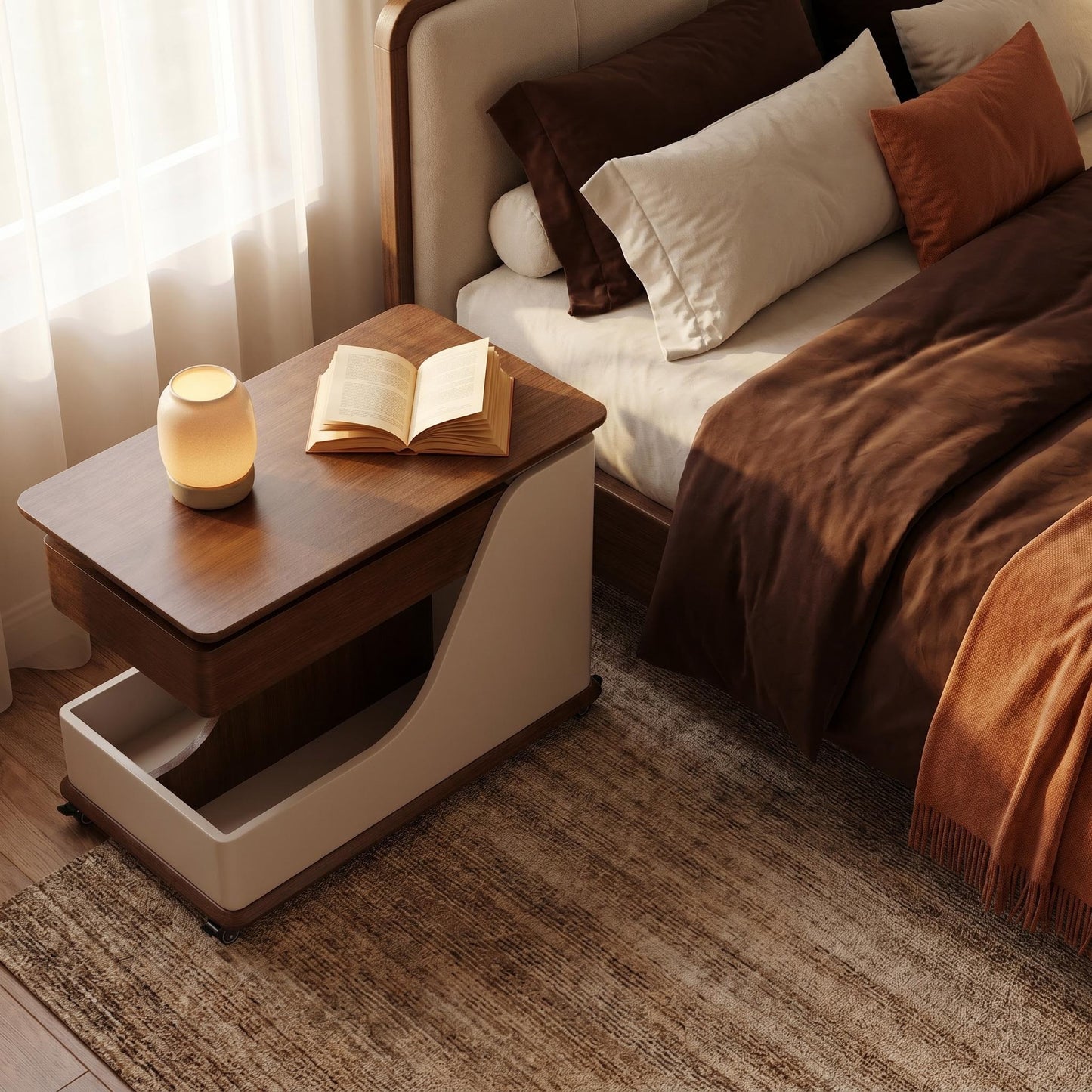 A small side table or coffee table with an adjustable height, suitable for the living room, balcony or bedroom. It is portable and features storage compartments, available in off-white and walnut. image 6