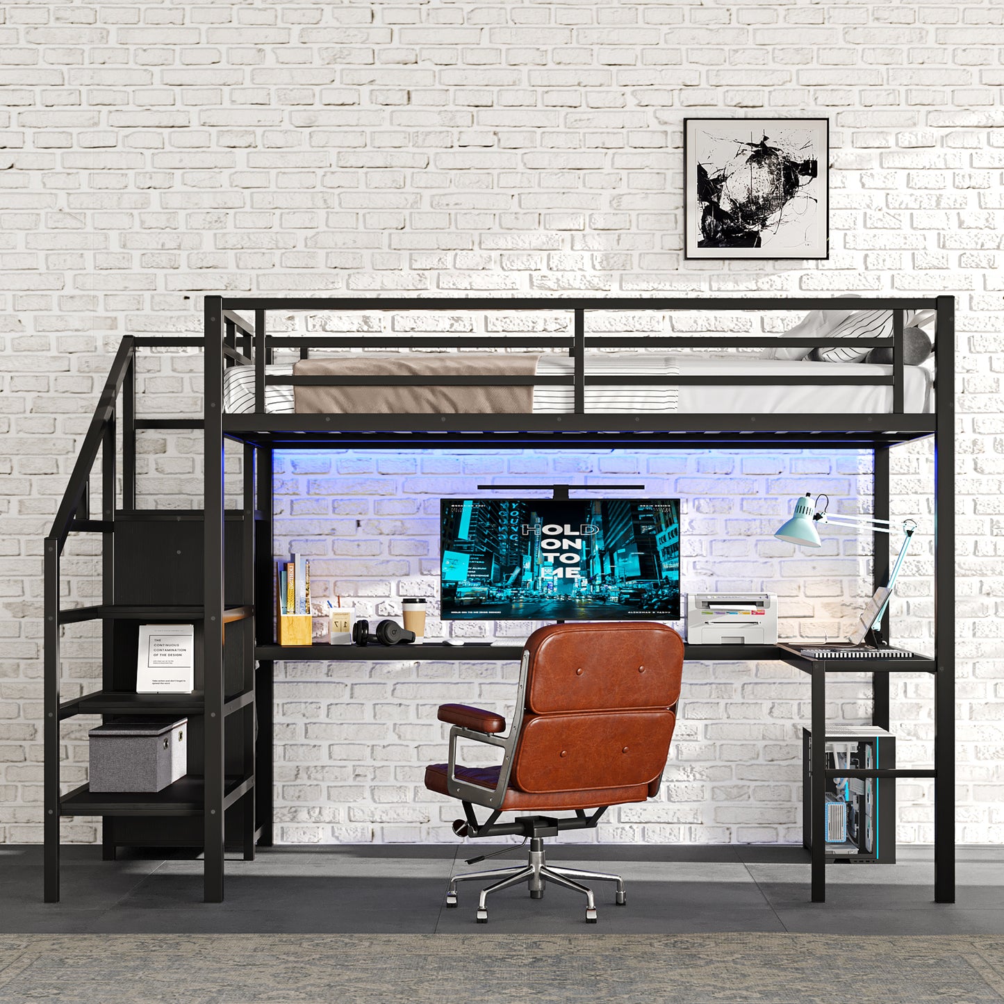 Full Size Loft Bed with L-shaped Desk and USB, Metal Loft Bed with Wardrobe and Adjustable Shelf, High Loft Bed with LED for Kids Teens Adults, Black image 2