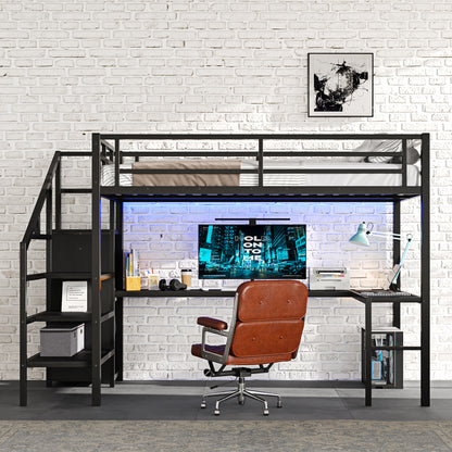 Full Size Loft Bed with L-shaped Desk and USB, Metal Loft Bed with Wardrobe and Adjustable Shelf, High Loft Bed with LED for Kids Teens Adults, Black image 2