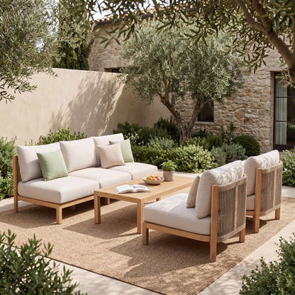 4 Piece Set Acacia wood Outdoor Sofa Set, outdoor rope-woven chair, deep seat design with soft cushion, suitable for porches, gardens, backyards, and balconies (Light Teak + Beige Rope + Beige Cushion image 3