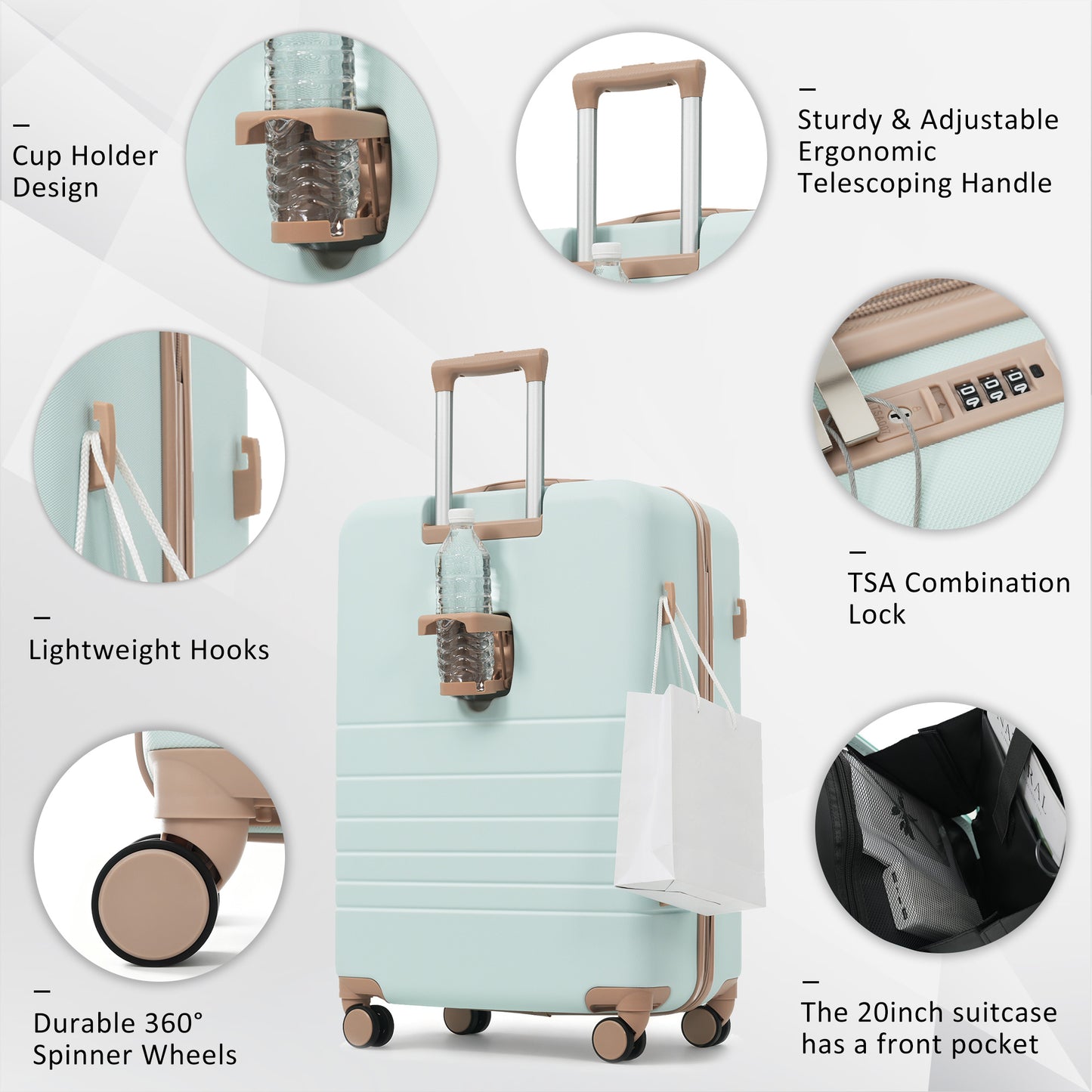 4-Piece Luggage Set with USB Charging Ports - 20in Carry-On (Front-Opening for Laptop) 28in Checked Suitcase with TSA Lock Travel Duffel Bag Wet-Dry Toiletry Bag, grey green image 3