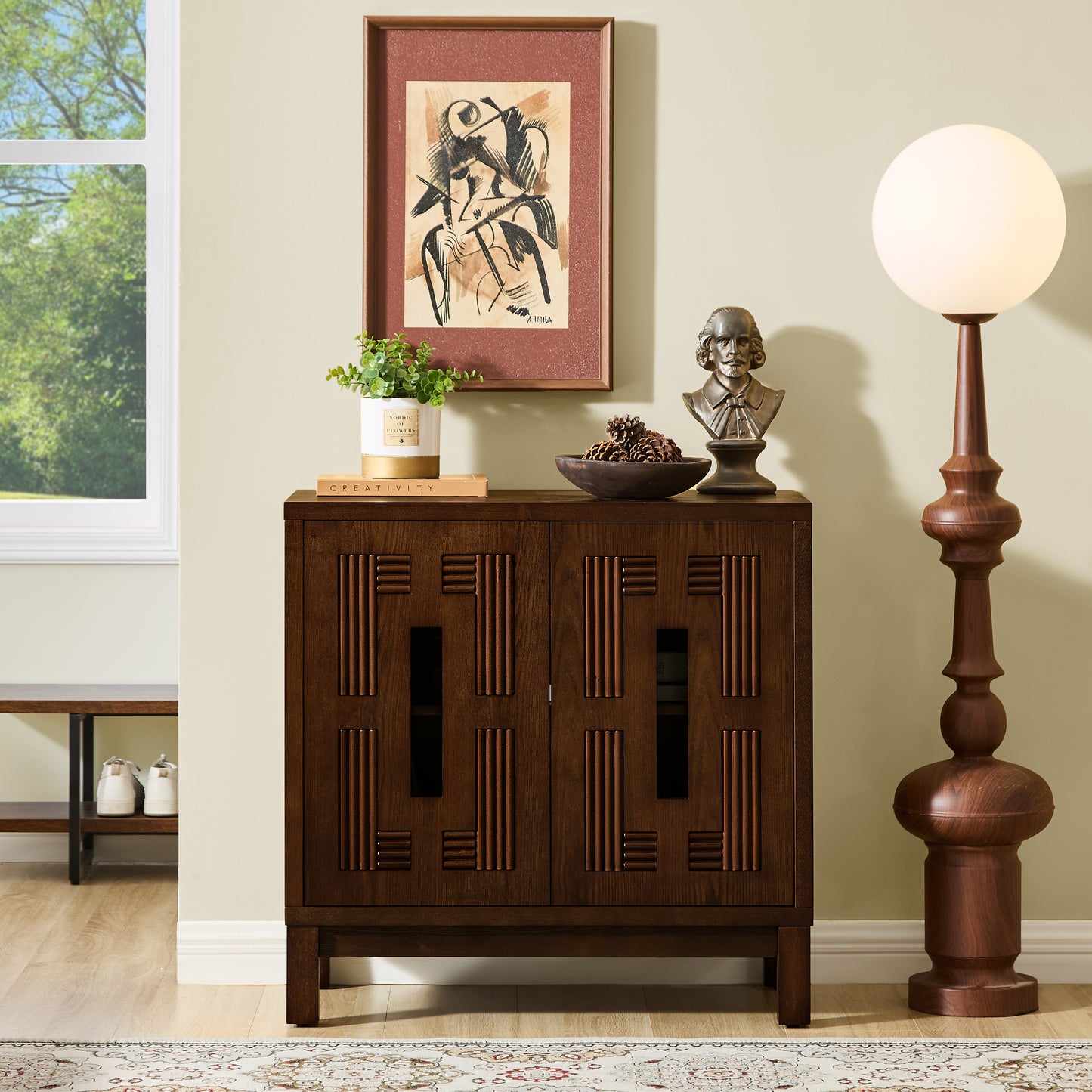 31.5" Mid Century Modern Sideboard Buffet Cabinet with Storage, Carved Openwork Design Display Cabinets, Storage Cabinet with 2 Doors & Adjustable Shelf for Kitchen Dining Living Room Entryway Hallway image 1