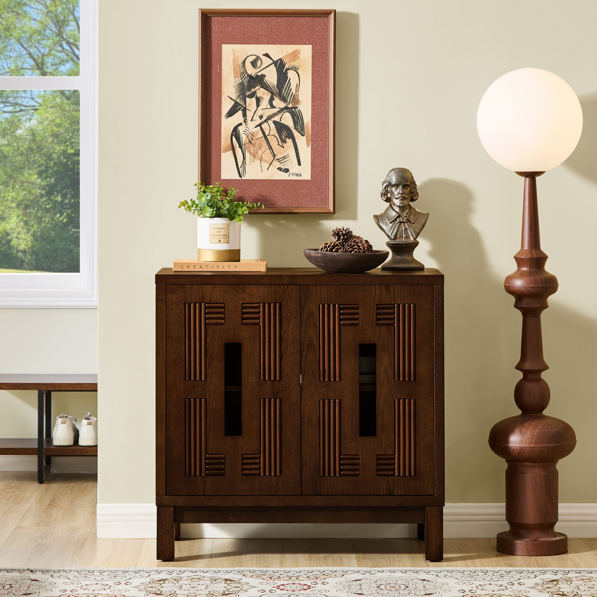 31.5" Mid Century Modern Sideboard Buffet Cabinet with Storage, Carved Openwork Design Display Cabinets, Storage Cabinet with 2 Doors & Adjustable Shelf for Kitchen Dining Living Room Entryway Hallway image 1