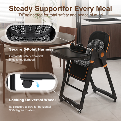 Convertible Baby High Chair to Rocker with 5-Point Harness, Foldable Infant Feeding Chair with Silent Locking Wheels & Removable 2-Tier Easy-Clean Tray for 6M-3Yrs(Black) image 7