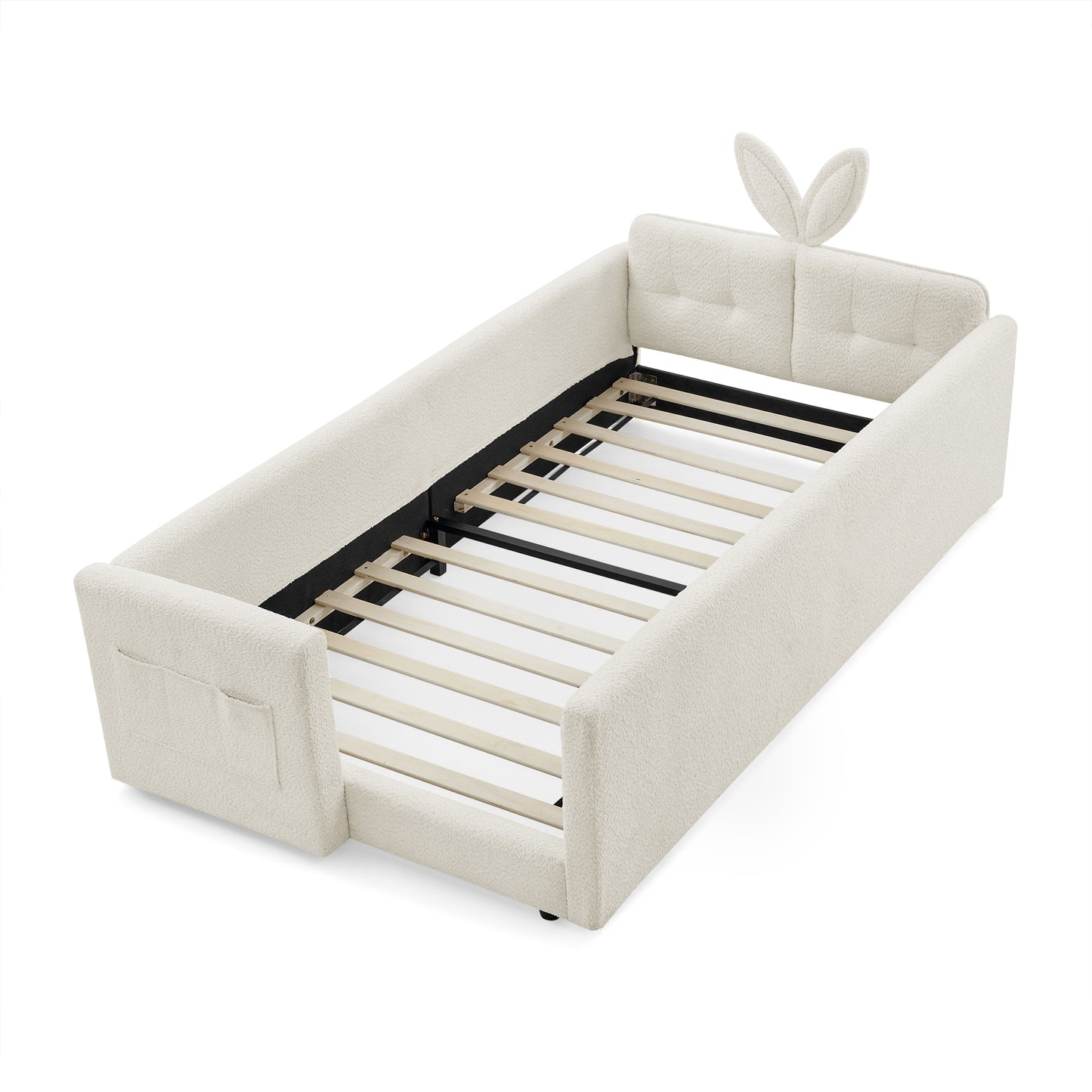 Twin Size Upholstered Platform Bed with Cute Rabbit Ear Shaped Headboard, with Safety Rail and Pocket, Boucle Fabric, Beige image 8