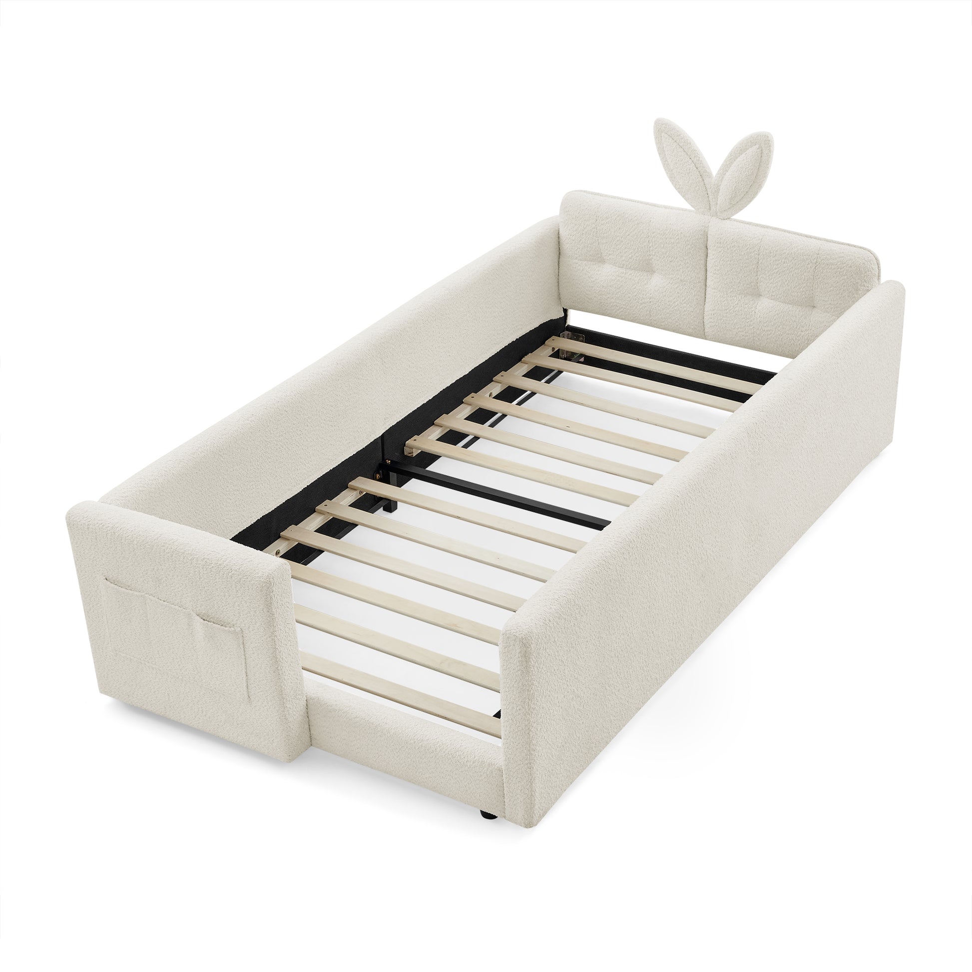 Twin Size Upholstered Platform Bed with Cute Rabbit Ear Shaped Headboard, with Safety Rail and Pocket, Boucle Fabric, Beige image 8