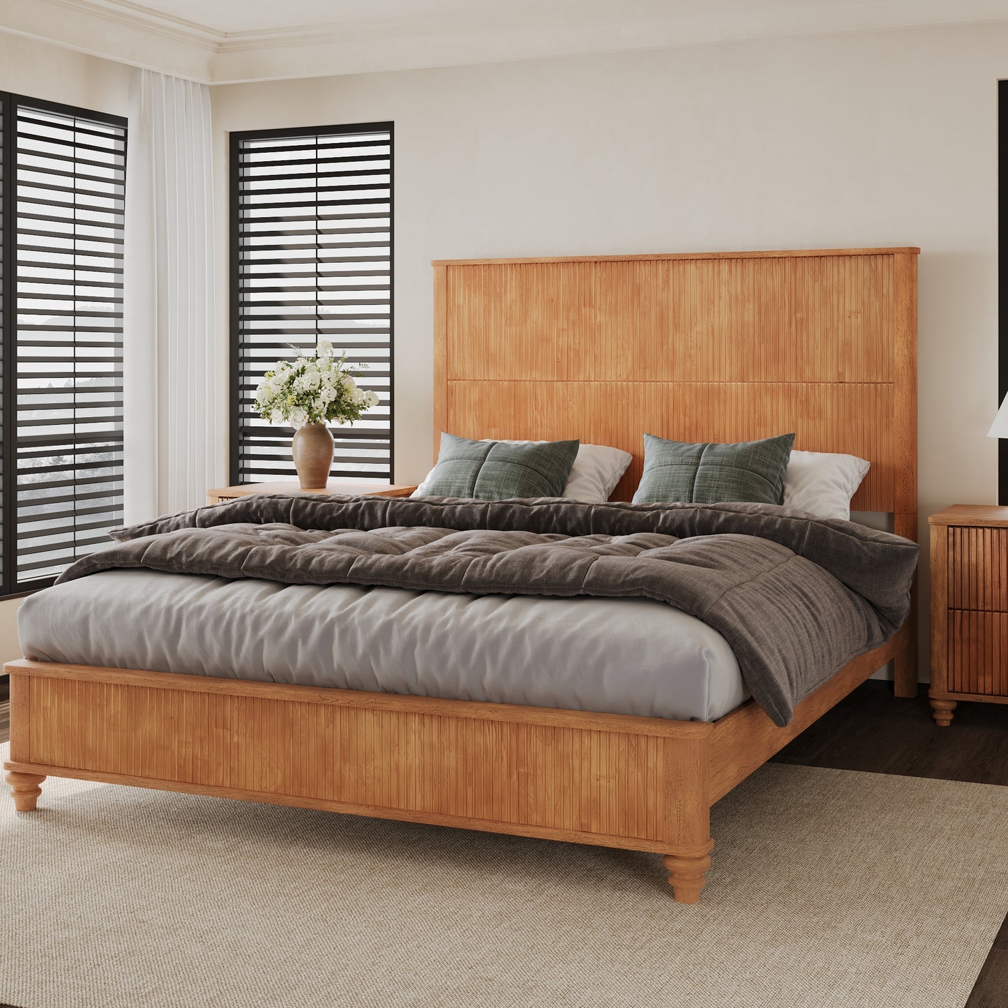 Solid Wood Bed Frame,Queen Platform Bed Frame with Headboard,Tall Headboard Natural Wood Bed,No Box Spring Needed,Natural image 2
