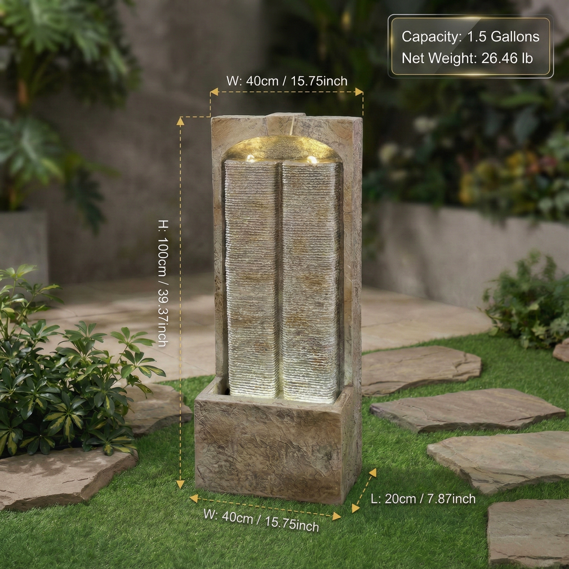39 Inch Outdoor Water Fountain with Pump, Modern Cascading Freestanding Wall Fountain, Weather-Resistant Garden Water Feature with Warm White LED Lights, Outdoor Waterfall Fountain for Patio Porch Law image 4