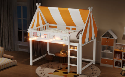 Full Size Loft Bed with Canopy, LED Lights & Book Shelf, White image 5