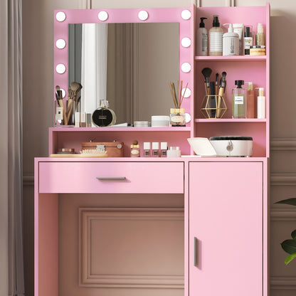 Vanity Desk with Mirror & Light, Large Drawer Three Level Storage Dresser, 3 Lighting Modes Adjustable Brightness, Bedroom Dressing Table(Pink) image 7