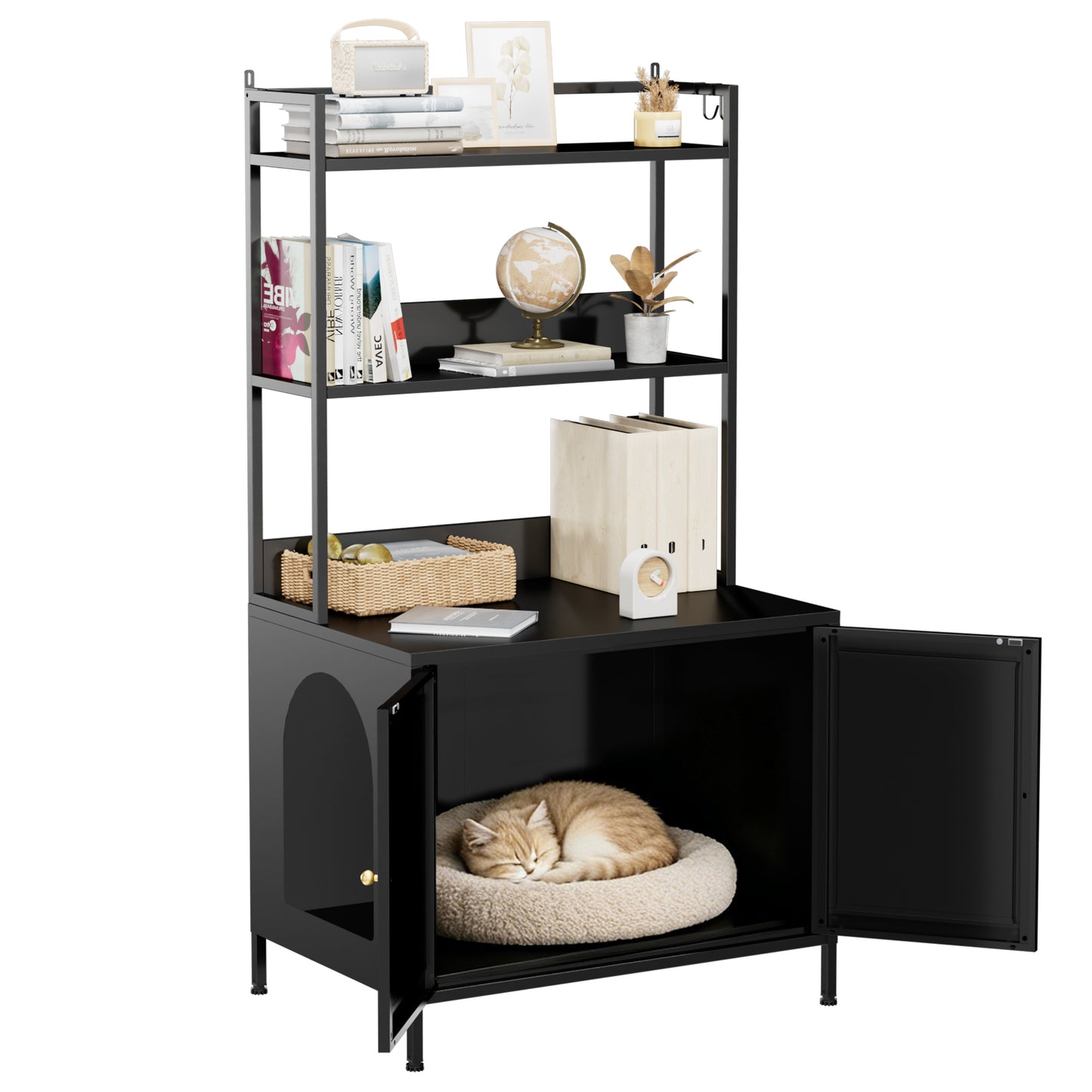 Metal Cat Litter Box Enclosure, 57" Tall Hidden Litter Box Cabinet with 3 Tier Storage Shelves, Large Indoor Cat House with Doors & 4 S-Hooks, Odor Control Pet Washroom Furniture for Large Cats, Black image 10