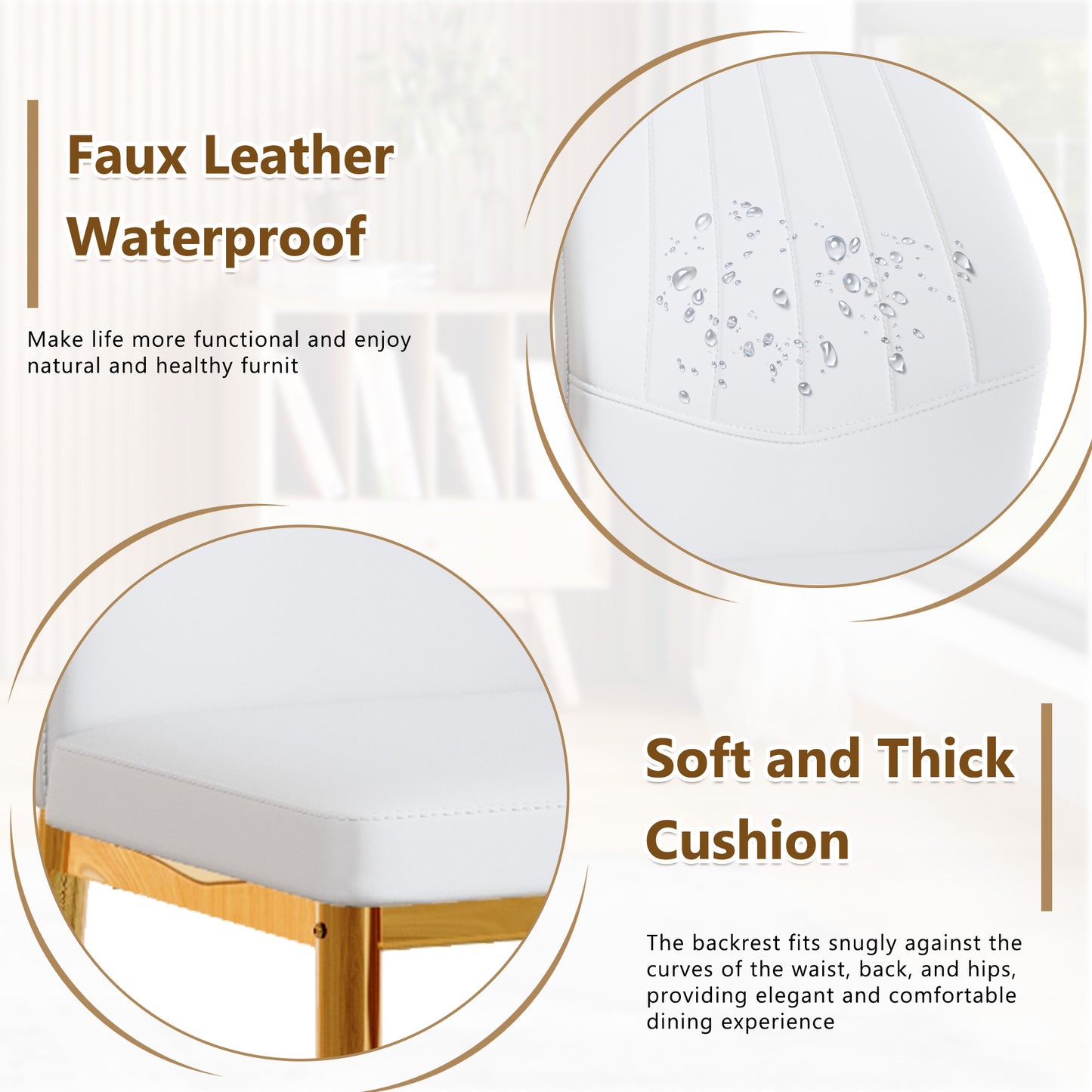 Set of 4 Gold - and - White Dining Chairs, 37 inches High: Ergonomic PU Backrest, Combines Comfort and Style.Perfectly blends comfort and elegance, Injecting more comfort and style into dining time. image 4
